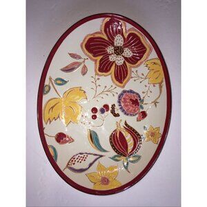 Dutch Wax Floral Platter Artistic Accents Embossed Red Flower Ceramic Coastline
